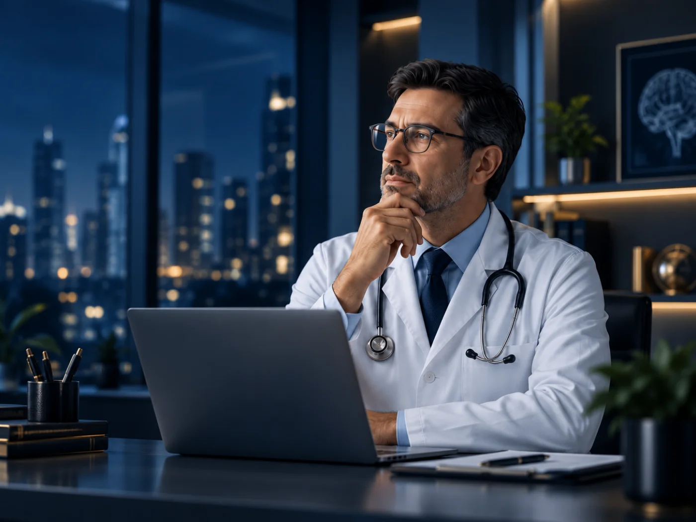 Médico em consultório moderno, trabalhando no computador